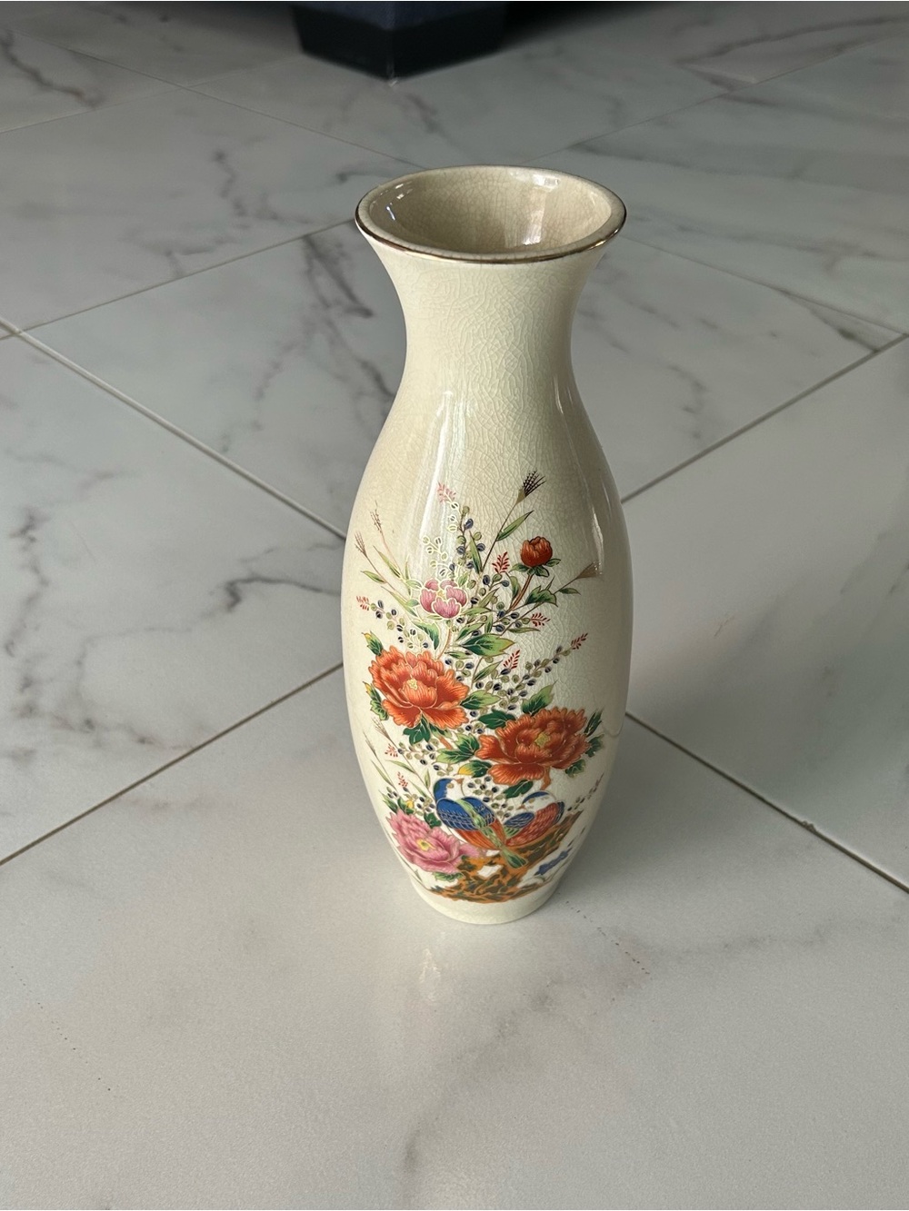 Cream Floral Ceramic Vase with Orange and Multicolor Motif
